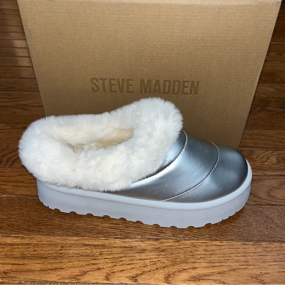 Steve Madden Unite Faux Fur Platform Clogs Metallic Silver & White Women’s 10 - Picture 3 of 14